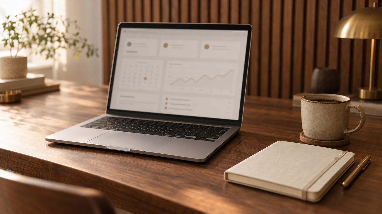 A laptop on a wooden desk showing a simple dashboard of cards, a calendar and a line chart