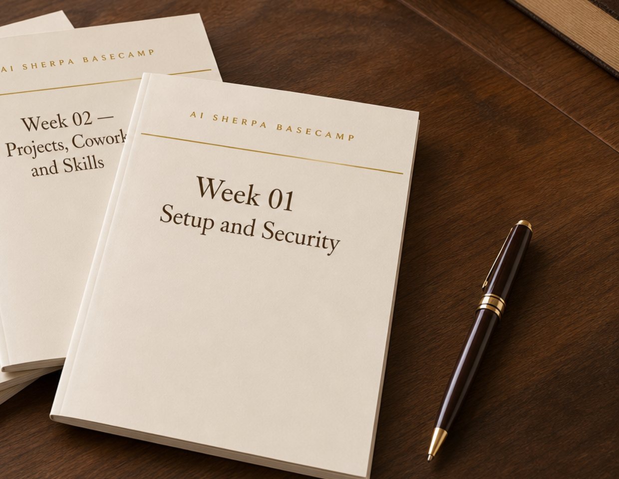 Printed Basecamp guide booklets, Week 01 Setup and Security and Week 02 Projects, Cowork and Skills, fanned on a wooden desk