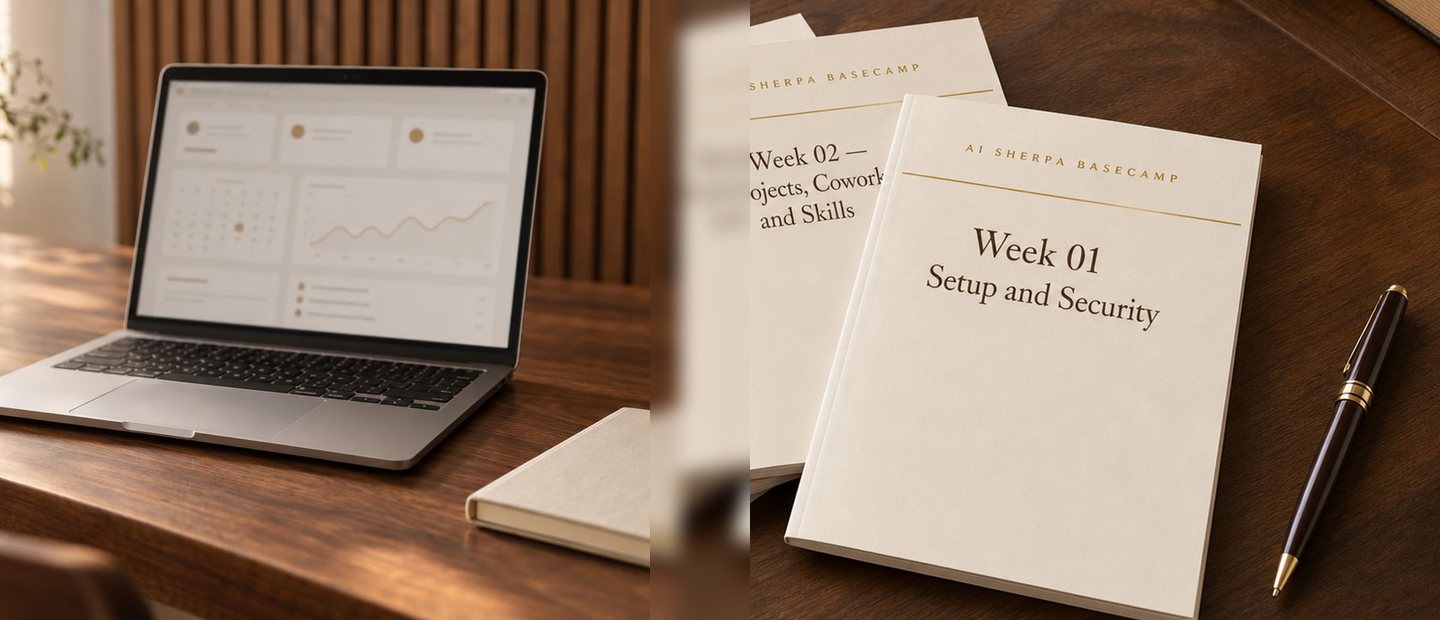 Left, a laptop showing the kind of dashboard you build in week four; right, the printed Basecamp week guides you keep